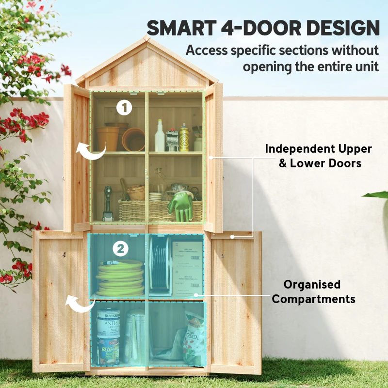 Outsunny Gartenschrank Holz Geräteschuppen 82 x 50 x 190cm Geräteschrank mit Asphaltdach 4 Türen 2 abnehmbar Ablagen Kippschutz
