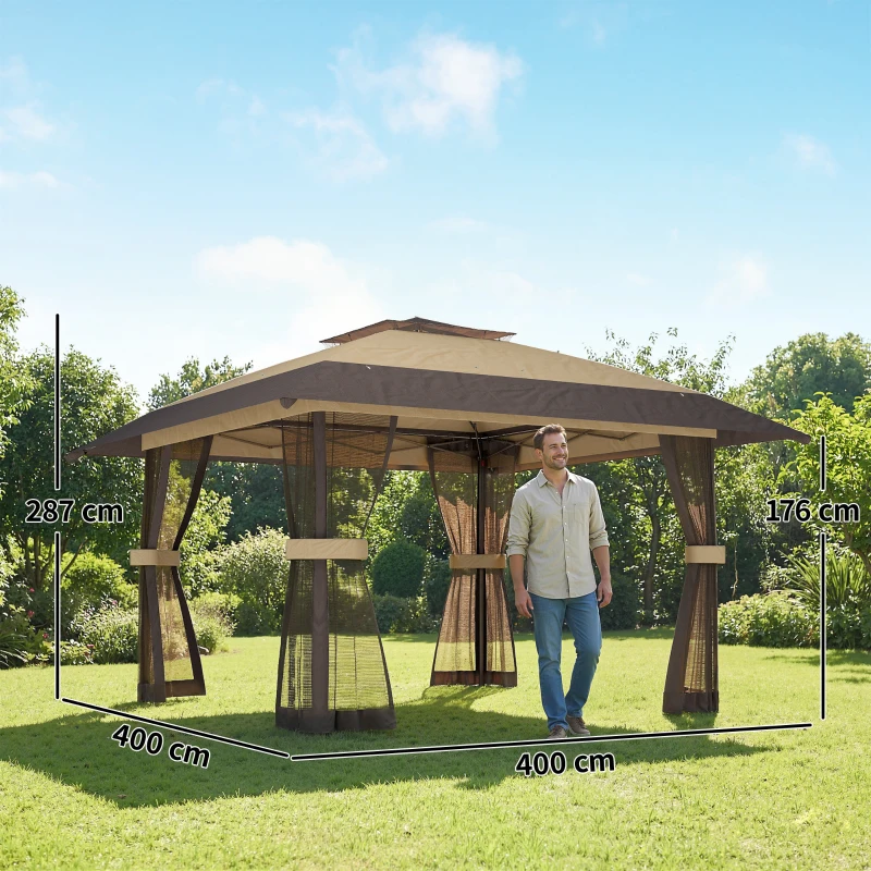 Outsunny Gazebo Pieghevole 4x4 m con 4 Zanzariere Laterali, Doppio Tetto e Sacchi di Sabbia, Cachi e Marrone