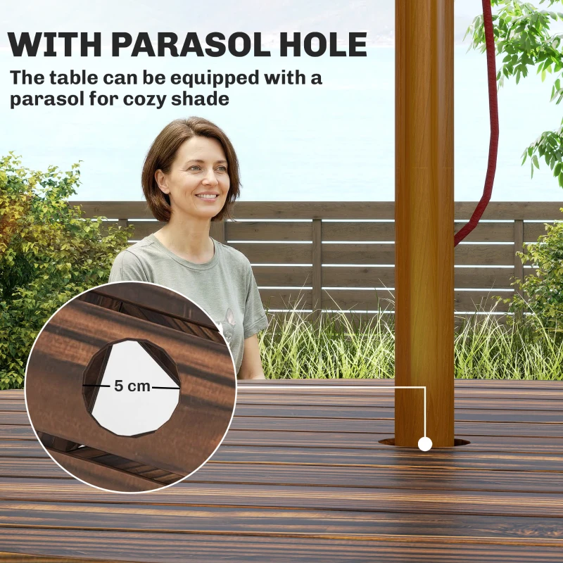 Outsunny Wooden Garden Dining Set, 6 Seater Round Dining Picnic Table with Matching Bench, Garden Furniture Set with Parasol Hole for Outdoor Patio Party and Family Gatherings, Carbonized