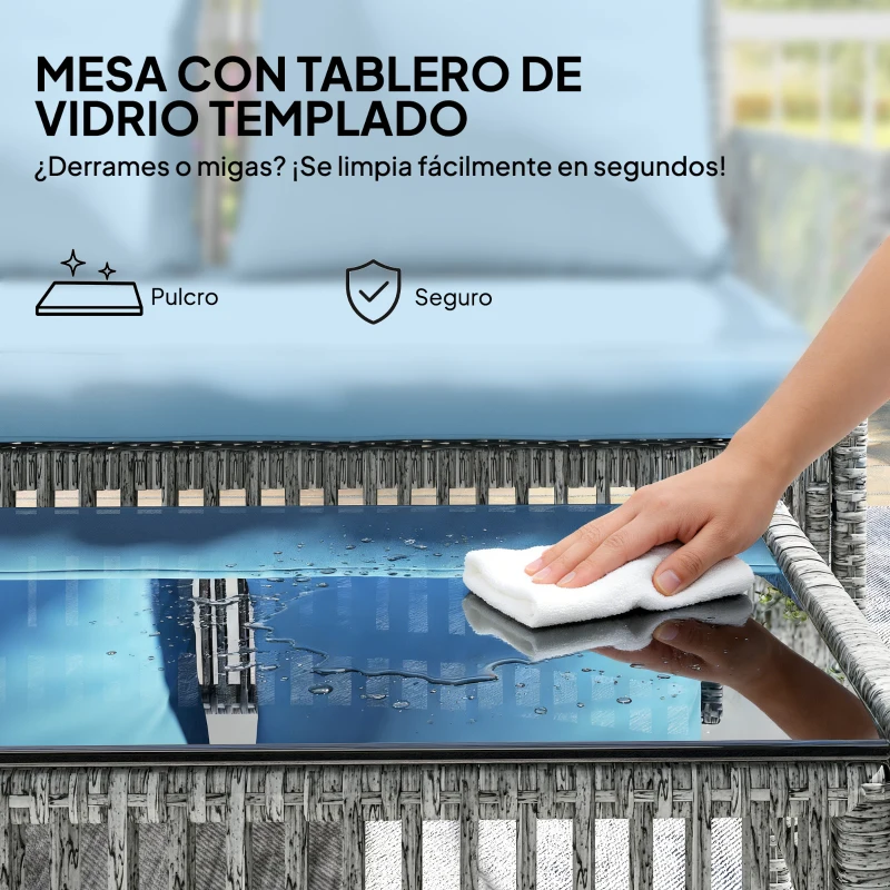 Outsunny Conjunto de Jardín Exterior de Ratán con 1 Sofá de 2 Plazas 1 Sofá Esquinera y 1 Mesa de Centro Tablero de Vidrio Azul