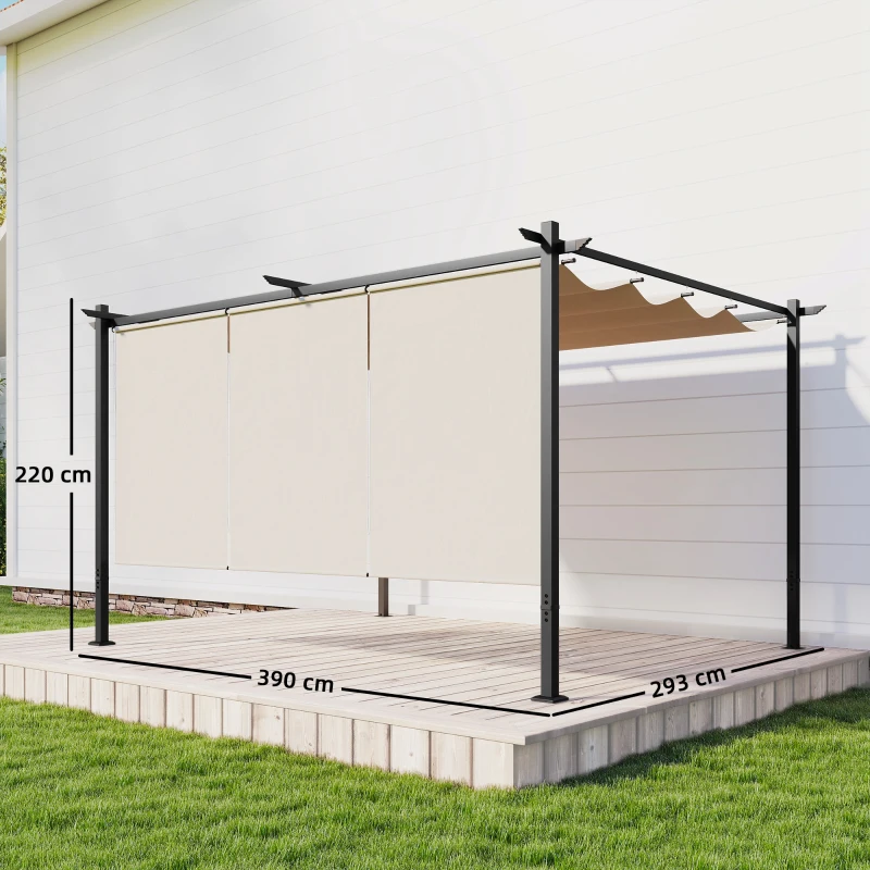 Outsunny Pérgola de Jardín 4x3 m con Techo Retráctil 3 Laterales Enrollables UPF30+ Cenador de Jardín para Patio Exterior Beige