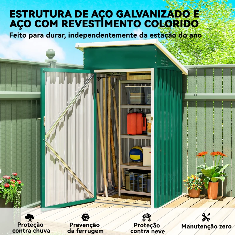 Outsunny Abrigo Exterior Metálico 107,5x91x185 cm Abrigo de Jardim com Teto Inclinado Porta com Trinco Ventilação e Luvas Verde