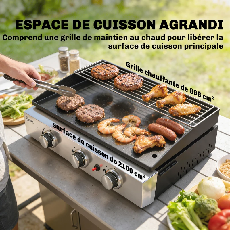 Outsunny Plancha Gaz en Inox, 3 Brûleurs, Barbecue à Gaz avec Plaque Émaillée et Grille de Réchauffage, 7,5 kW, 62x44x21cm, Noir