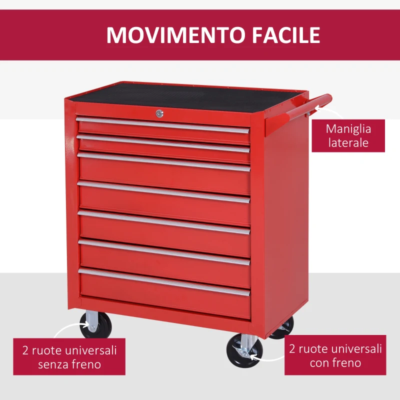 DURHAND Carrello Porta Attrezzi con 7 Cassetti, Tappetini in EVA, Serratura e 2 Chiavi, Ruote con Freno, Maniglia, Rosso