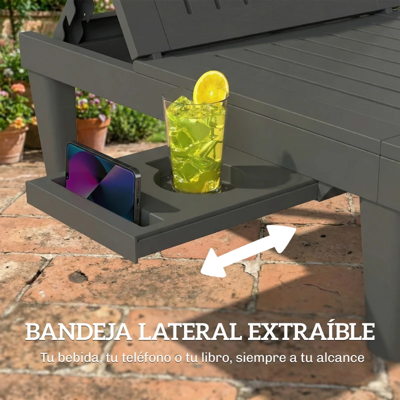 Outsunny Conjunto de 2 Tumbonas Reclinables de Plástico PP con Bandeja Lateral Respaldo Ajustable 5 Niveles 192x57x28,5 cm Gris