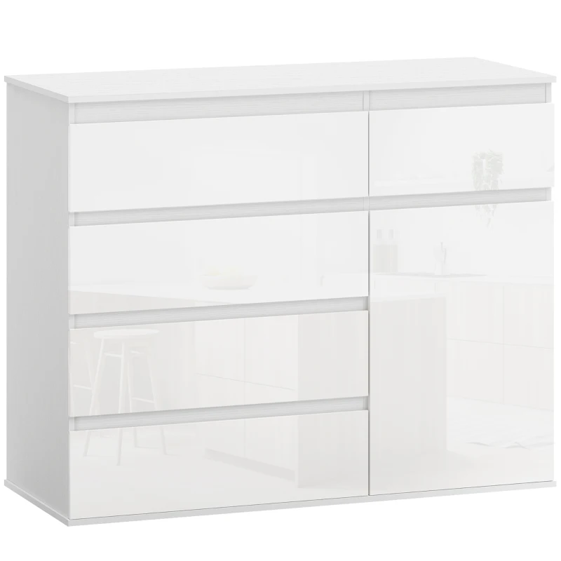 HOMCOM Buffet de salon 5 tiroirs étagères réglables porte à fermeture douce 100x40x80 cm blanc brillant
