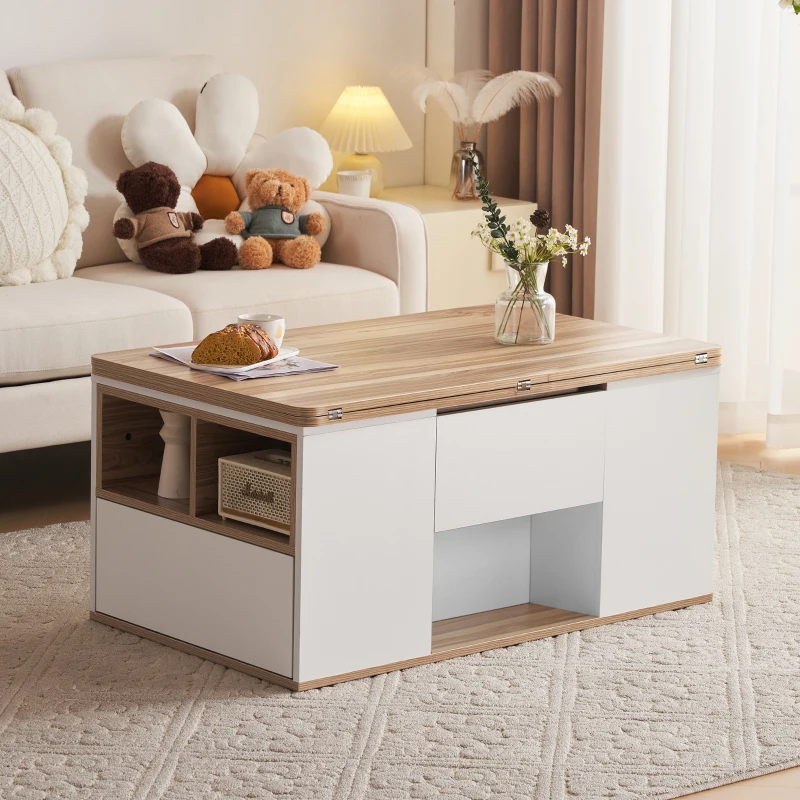 Lift-Top Coffee Table with Storage, 3 Drawers and Adjustable Height, 100x51x47 cm, White & Oak