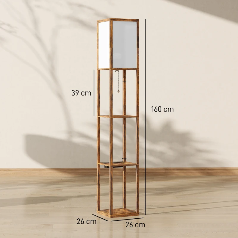 HOMCOM Floor Lamp with Shelves, 4 Layer Standing Lamp with USB Ports, 3 Colour Temperature, Rustic Brown