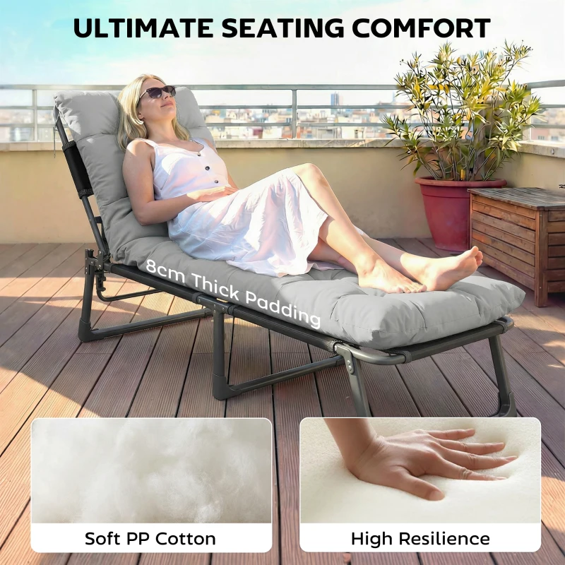 Outsunny Sun Lounger Cushions Only, Garden Lounge Chair Cushions Set of 2, Sunbed Replacement Pads with 4 Ties, Light Grey