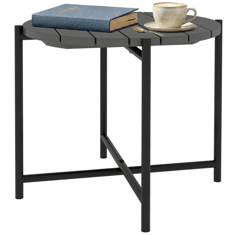 Outsunny 54 cm Round Outdoor Side Table, Industrial Small Garden Table with Slatted Wood Top and Metal Frame, Dark Grey