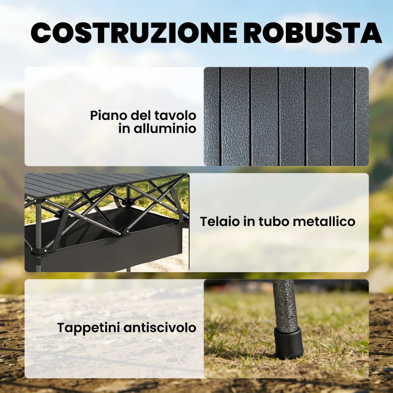 Outsunny Tavolo da Campeggio Pieghevole con Struttura in Metallo, Rete Portaoggetti e Borsa, 93x55x68 cm, Nero