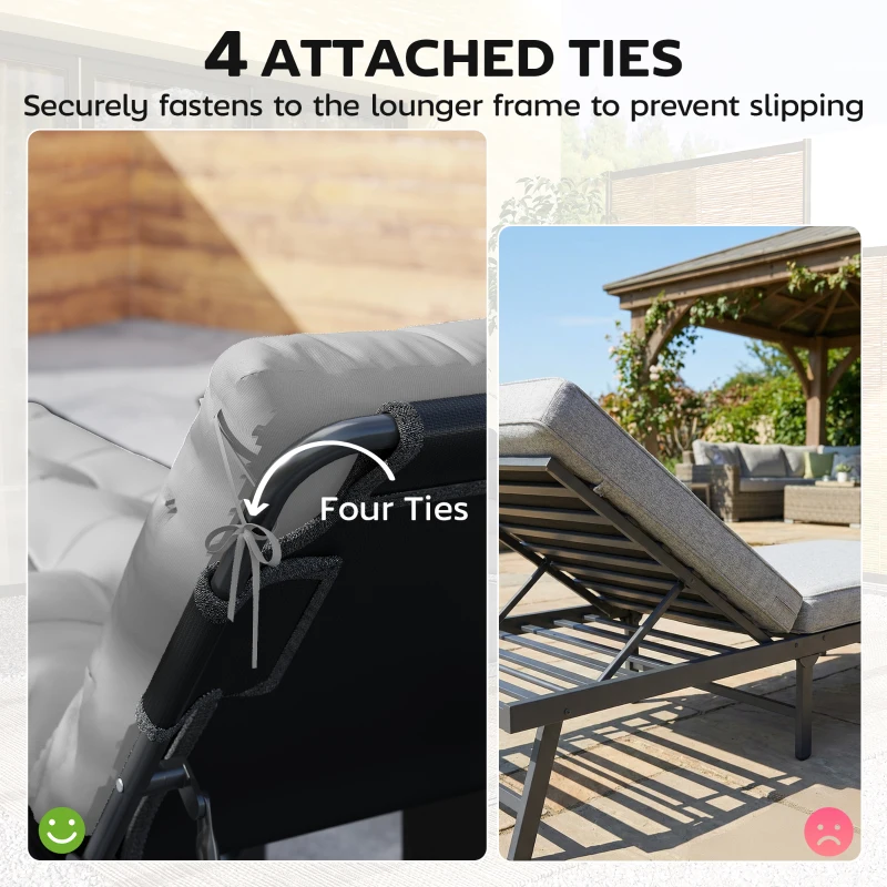 Outsunny Sun Lounger Cushions Only, Garden Lounge Chair Cushions Set of 2, Sunbed Replacement Pads with 4 Ties, Light Grey