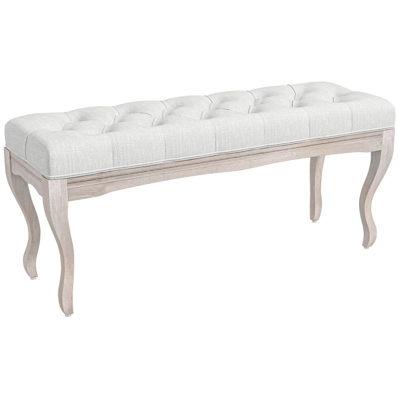 HOMCOM Banc Banquette capitonnée Style Classique 110 cm Bout de lit Rembourrée en lin piètement Bois hévéa sculpté blanc crème