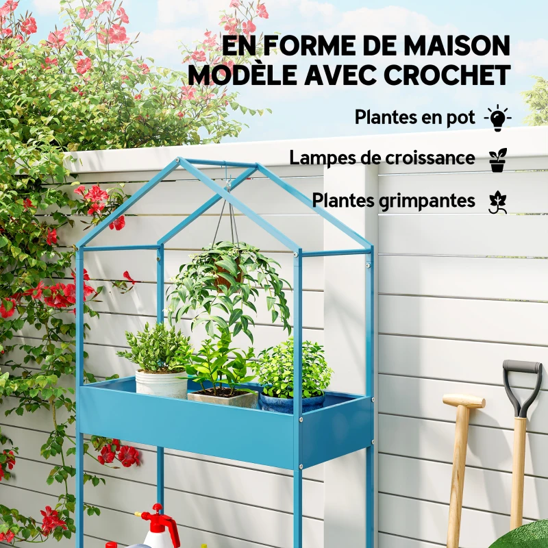 Outsunny Étagère à Plantes 2 Niveaux, Support de Plantes en Métal avec Crochet, Porte-Pots en Forme de Maison, Bleu-Vert