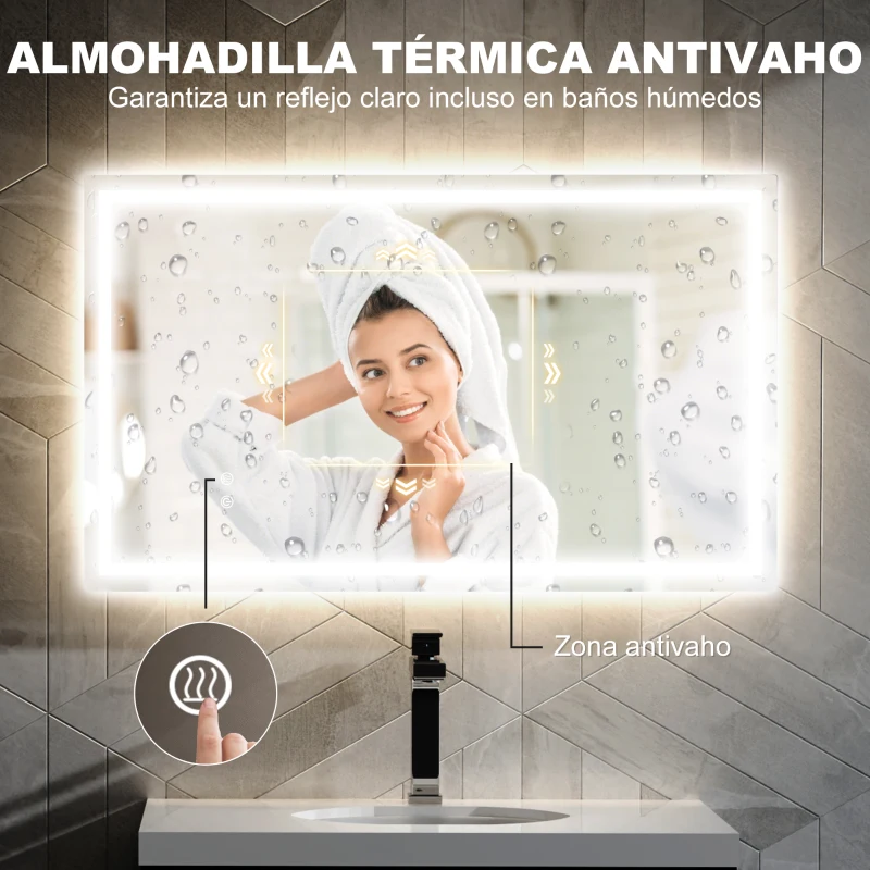 HOMCOM Espejo de Baño LED 100x60 cm con Luz Retroiluminado Antivaho Brillo Ajustable Montaje Vertical u Horizontal