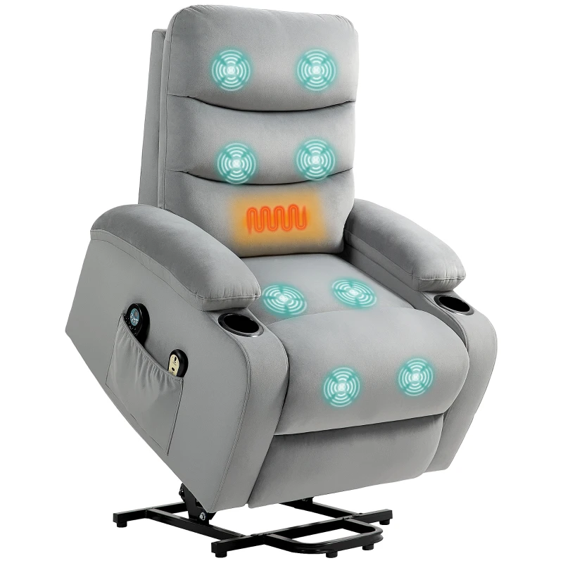 HOMCOM Fauteuil releveur inclinable massant et chauffant, tissu aspect velours avec porte-gobelets, pochette latérale, gris
