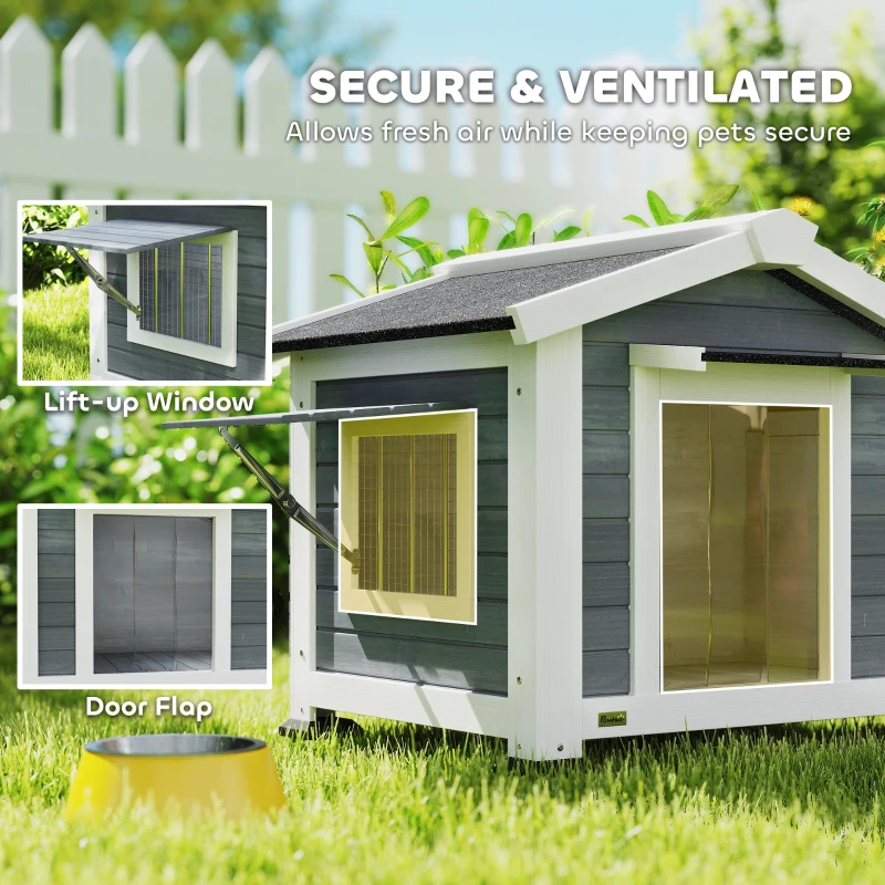 PawHut Hondenhok weerbestendig houten hondenhuis met uitneembare bodem, asfalt dak, opklapbaar raam 98x76x69,5 cm Grijs
