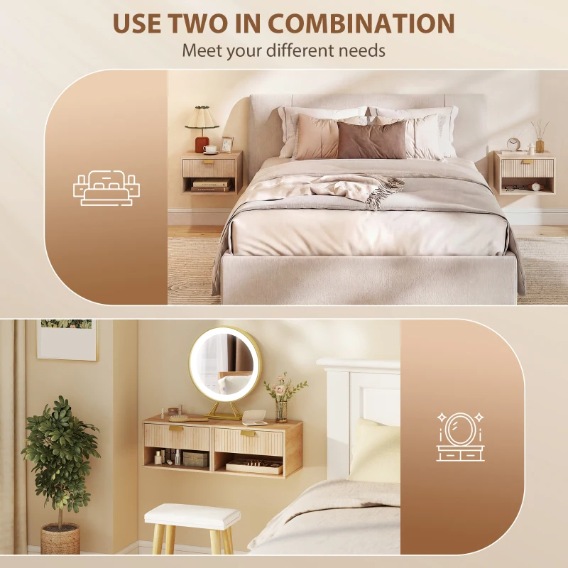 HOMCOM Set of 2 Wall Mounted Nightstands, Floating Bedside Tables with Fluted Drawer and Open Shelf for Small Bedroom, Oak