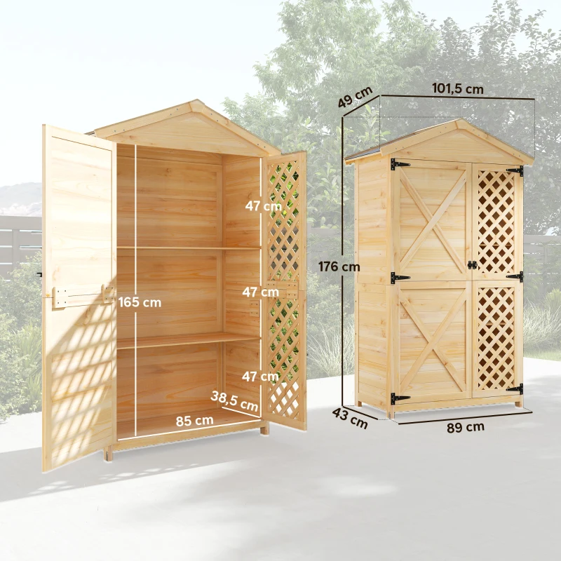 Outsunny Armario de Exterior de Madera con Techo Inclinado Asfalto 2 Puertas con Pestillo 2 Estantes 101,5x49x176 cm Natural