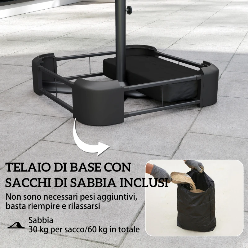 Outsunny Ombrellone Doppio a 12 Stecche con Manovella, Base a Croce e Sacchi, in Metallo e Poliestere, 3x1.5 m, Grigio Scuro