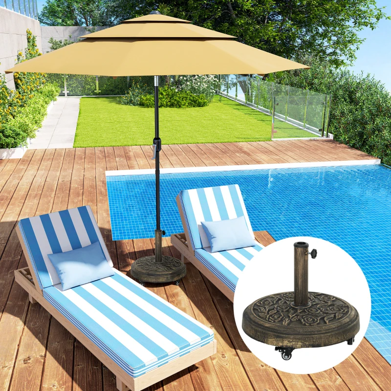 Outsunny Parasol Base, Umbrella Base with Wheels Cast Iron Effect, for Umbrella, Canopy, Weather Resistant, Bronze Tone