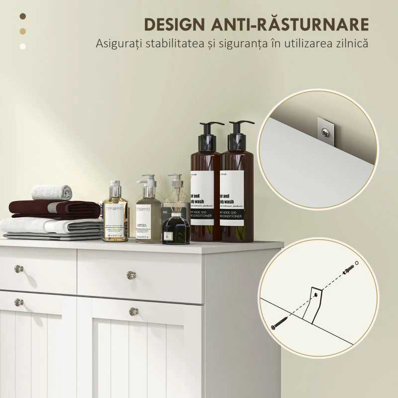 HOMCOM Dulap de Baie cu 2 Coșuri de Rufe Detașabile, 2 Sertare și 2 Uși Basculante, 78x38x90 cm, Alb