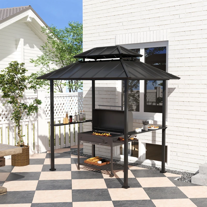 Outsunny Tonnelle de barbecue abri barbecue à double-toit rigide avec 2 étagères et crochet supérieur, 244x184x258cm, noir
