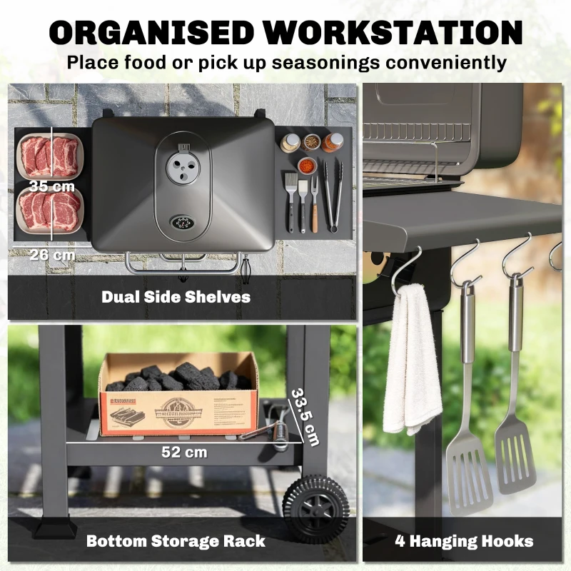 Outsunny Grill węglowy BBQ Smoker z pokrywą, termometrem, regulowaną tacą na węgiel, rusztem, bocznym stołem i szufladą na popiół