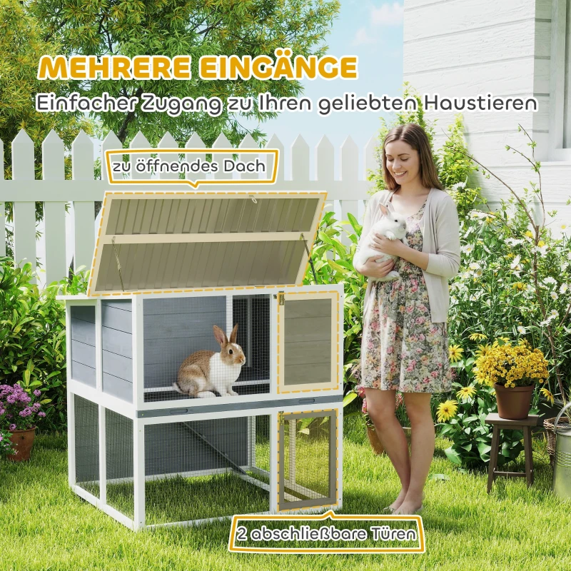 PawHut Hasenstall 2 Etagen Kaninchenstall aus Holz mit wetterfest aufklappbar Dach, Freilaufgehege, Rampe, 98x95x102,5 cm Grau
