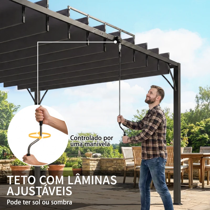 Outsunny Pérgola 390x295x213 cm para Jardim com Desenho de Lâminas Superiores Giratórias até 135° Proteção UV 50+ Cinza