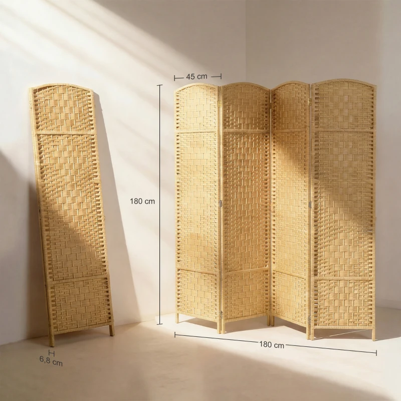 HOMCOM Separador de Ambientes de 4 Paneles Biombo Plegable 180x180 cm Pantalla de Privacidad de Polipropileno Natural