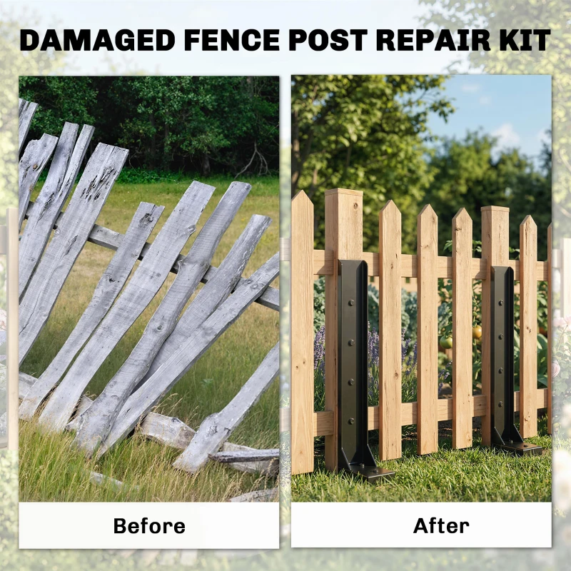 Outsunny 2 Pack Fence Post Repair Kit, 81 cm Metal Fence Post Support with Drill, Garden Ground Spikes for Broken Gate, Posts