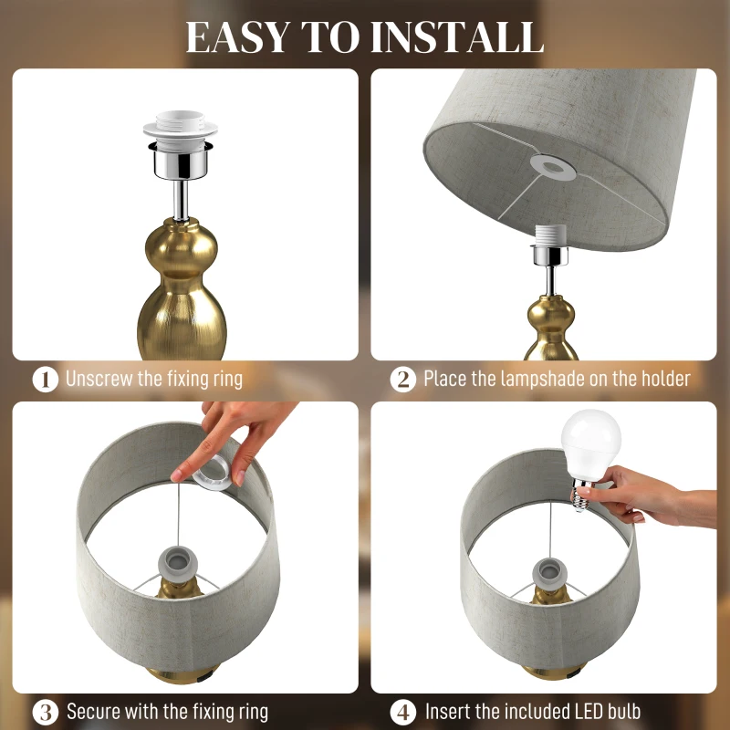 HOMCOM Dimmable Bedside Lamps Set of 2, Modern Table Lamps with 3 Colour Temperatures, USB A+C Charging Ports and Linen Shade for Living Room Bedroom Office, Gold Tone