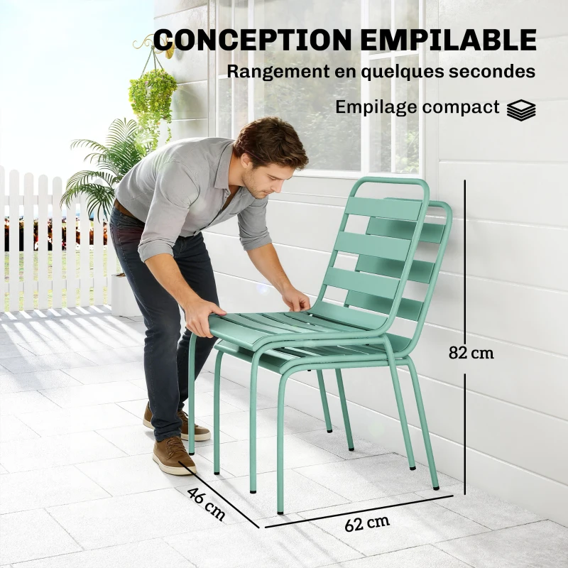 Outsunny Lot de 2 Chaises de Jardin Empilables en Métal pour Terrasse, Balcon, Jardin, Vert