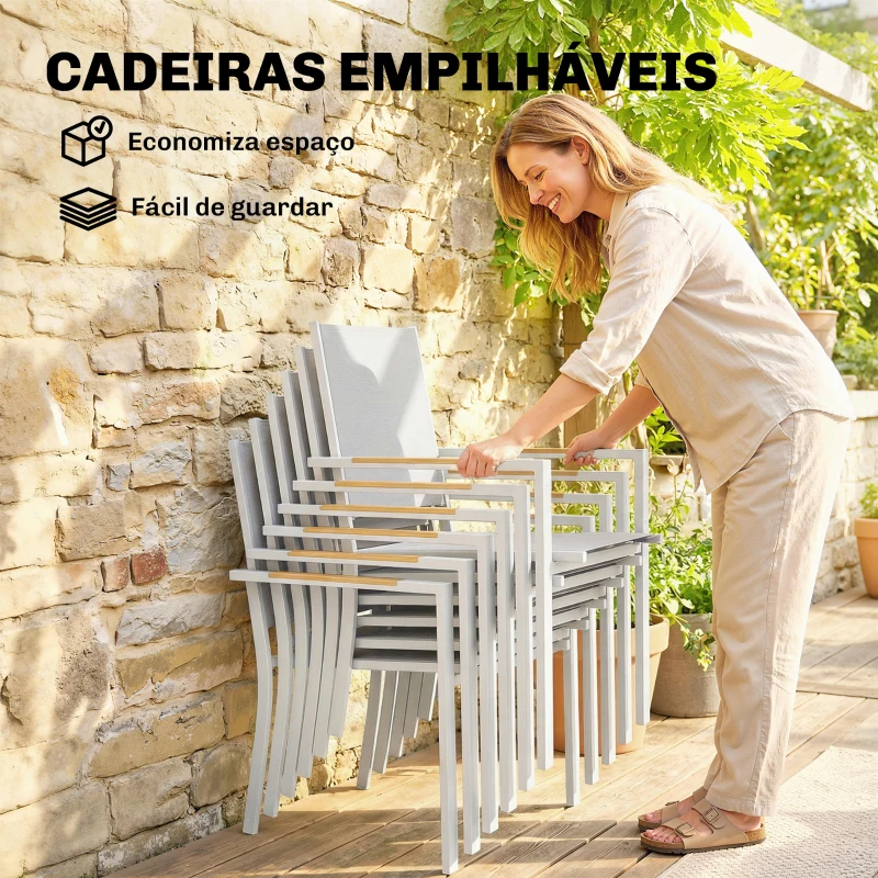 Outsunny Conjunto de Mesa e Cadeiras de Jardim de 7 Peças Móveis de Jardim para Exterior com Mesa de Plástico PSPC 6 Cadeiras Empilháveis Branco