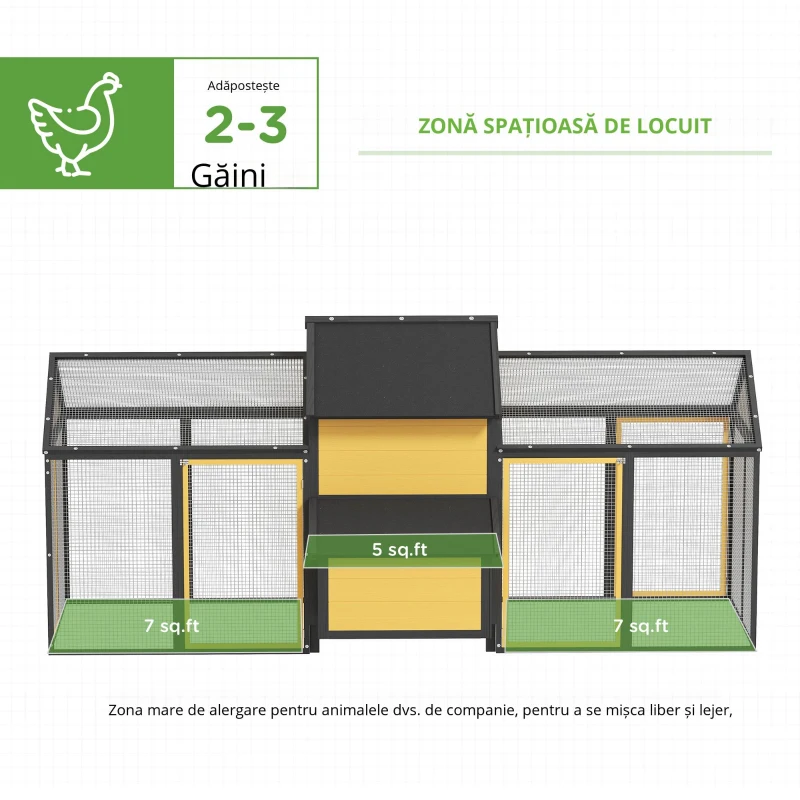 PawHut Adăpost pentru păsări, 2 țarcuri exterioare, 1 cuib, 2 rampe, rezistent la intemperii, galben.