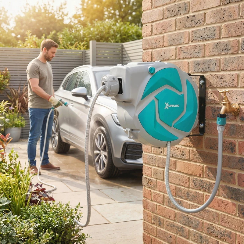 DURHAND Mangueira Retrátil de Parede com Enrolador de 10+1 m com Enrolamento Automático e Bico de 7 Funções Gira 180°