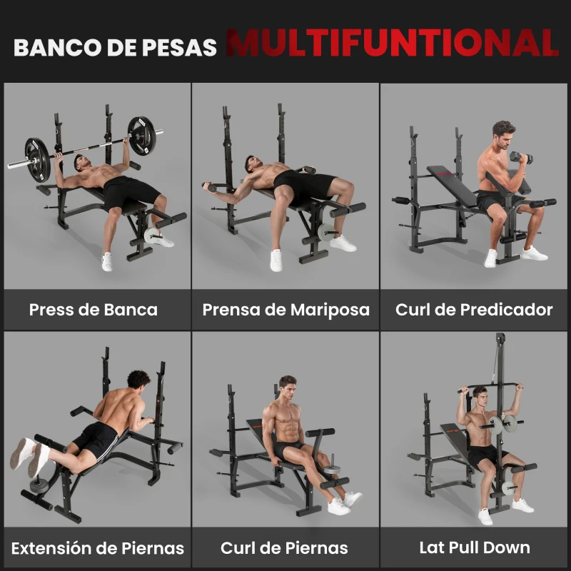 SPORTNOW Banco de Musculación con Soporte para Barra Ajustable Extensión de Piernas Curl de Predicador y Mariposa para Gimnasio