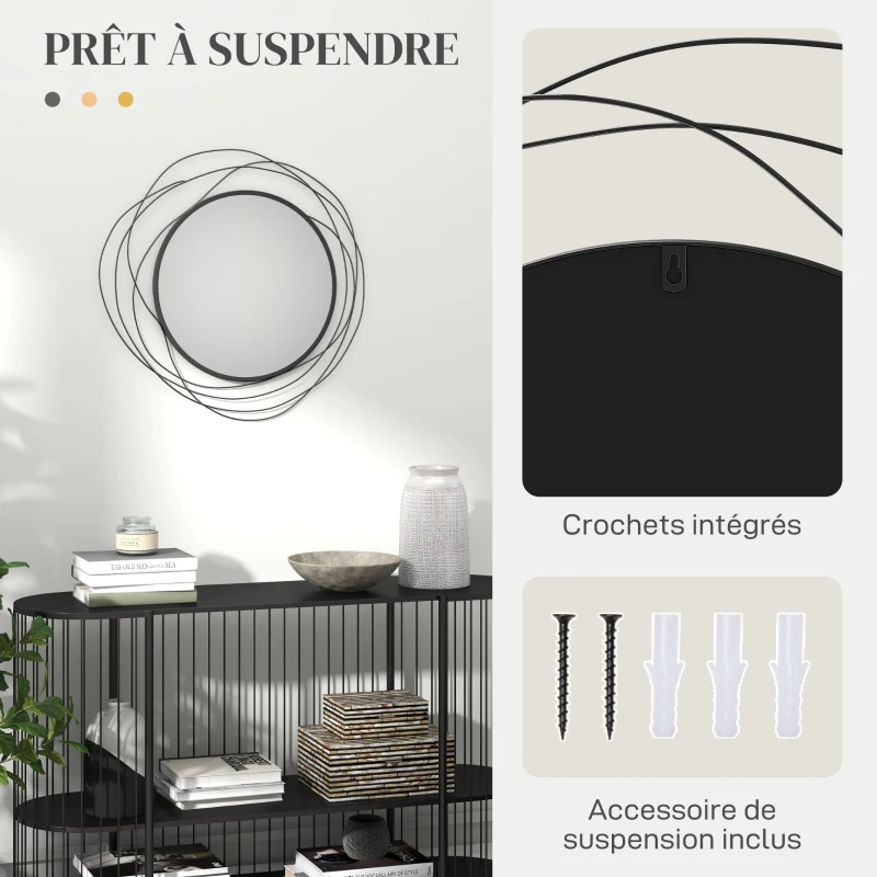 HOMCOM Miroir rond en métal filaire noir, décoration style moderne, diamètre Φ65 cm