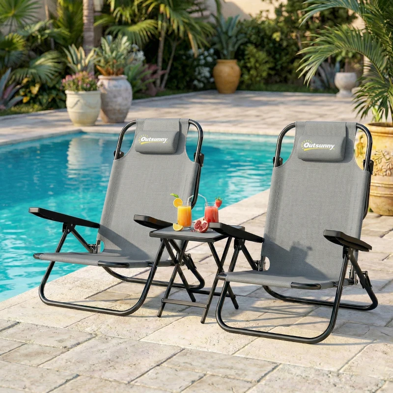 Outsunny Set di 2 Sedie Campeggio Portatili e Pieghevoli con Schienale Regolabile, Grigio Chiaro