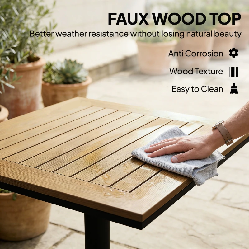 Outsunny Bijzettafel 70 x 70 cm weerbestendig tuintafel met houtlook brede basis, vierkant natuurhout