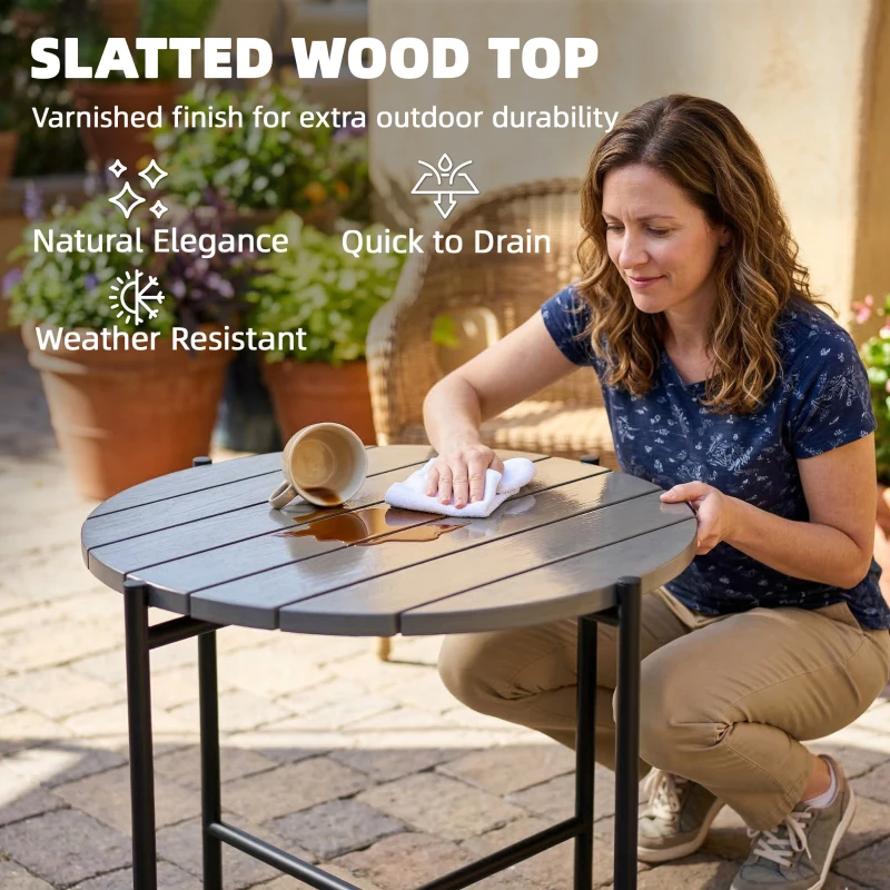 Outsunny 54 cm Round Outdoor Side Table, Industrial Small Garden Table with Slatted Wood Top and Metal Frame, Dark Grey