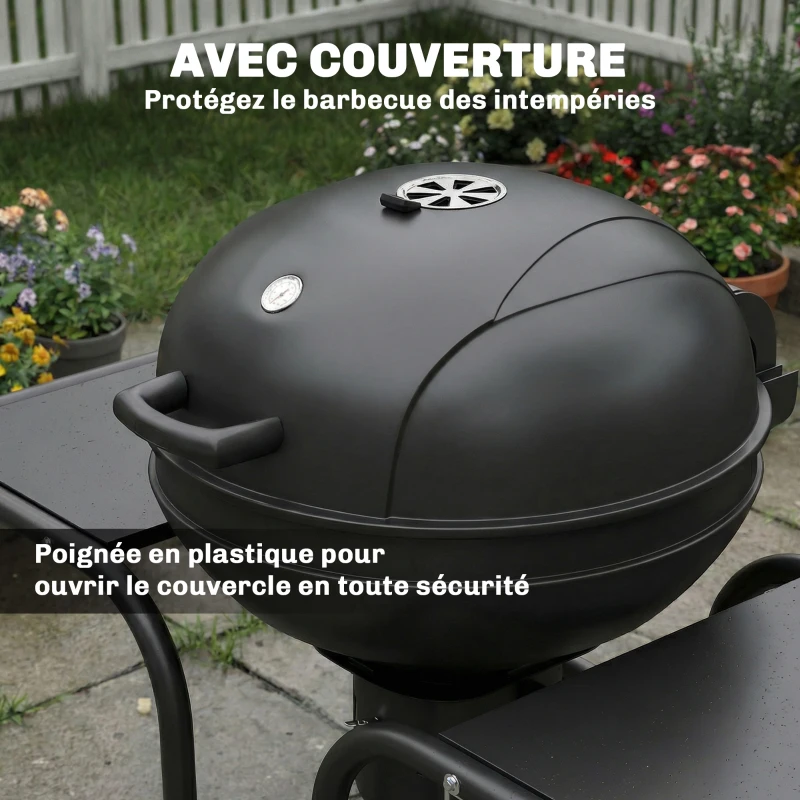 Outsunny Barbecue à charbon Rond avec couvercle Barbecue Rond Extérieur avec Thermomètre, 129 x 63,5 x 106,5 cm, Noir