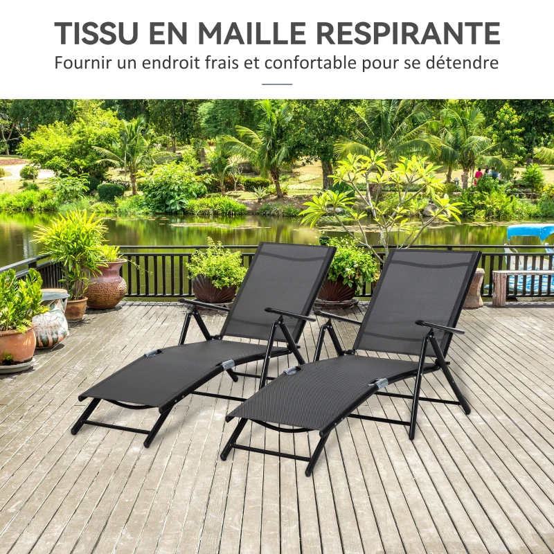 Outsunny Lot de 2 bain de soleil, chaise longue pliante, dossier réglable 7 positions, cadre en aluminium, 64x134x95cm, noir