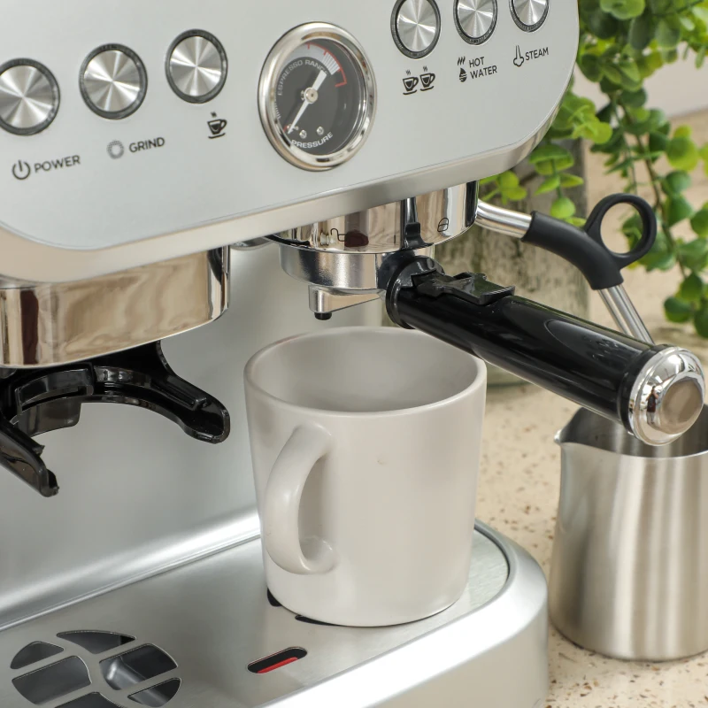 HOMCOM 15 Bar Coffee Machine with 15 Adjustable Grind Setting, Steamer and Complete Kit - Silver Colour