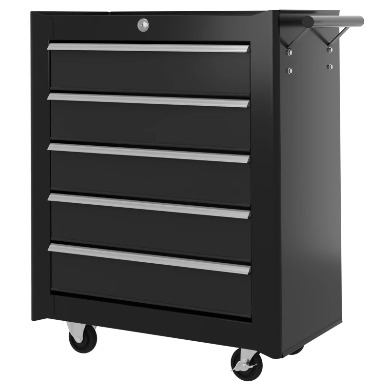 HOMCOM 5-Drawer Tool Chest with Wheels, Steel Lockable Tool Storage Cabinet with Handle, 2 Keys for Garage, Workshop, Black