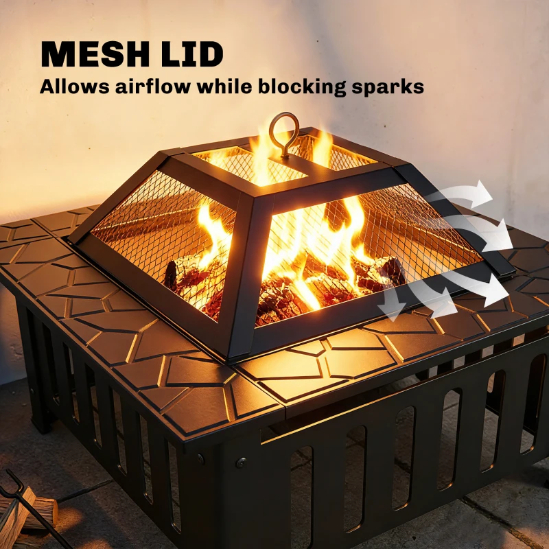 Outsunny Palenisko ze stali z osłoną przeciwiskrową i pogrzebaczem do grilla, kempingu, 67x67x47 cm, czarne