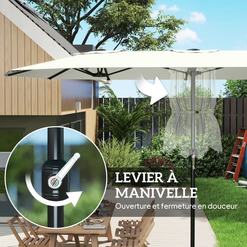 Outsunny Parasol de jardin extérieur, grand parasol double 4,6 m avec manivelle et protection UV50+, housse de protection, crème