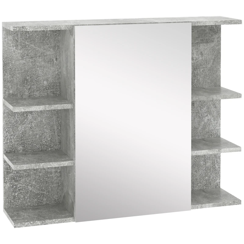 kleankin Miroir de salle de bain avec placard étagère - 4 étagères latérales - panneaux aspect béton dim. 80 x 19,8 x 64 cm gris