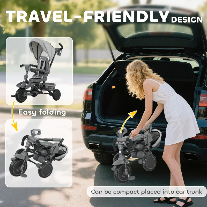 AIYAPLAY Dziecięcy rower trójkołowy, 6w1 Buggy dla małych dzieci, z rączką, regulowanym siedziskiem, składanym designem, siatką bezpieczeństwa, szary